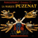 Affiche publicitaire Puzenat : quatre mains présentent des instruments agricoles attelés à des chevaux, autour d’un homme assis dans un fauteuil.
