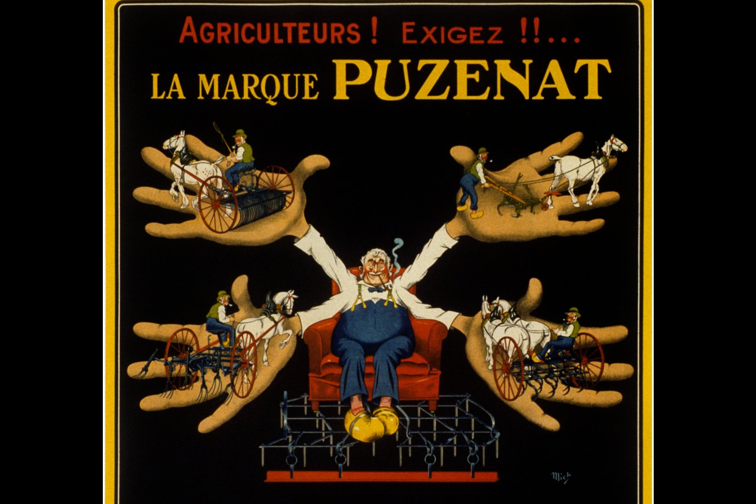 Affiche publicitaire Puzenat : quatre mains présentent des instruments agricoles attelés à des chevaux, autour d’un homme assis dans un fauteuil.
