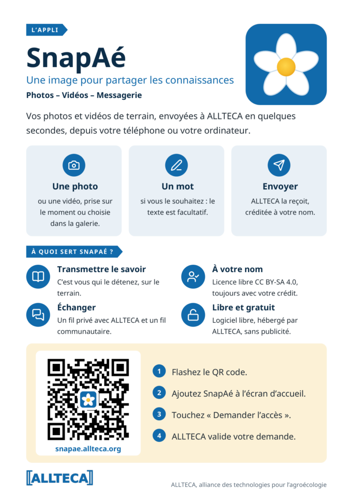 Plaquette de SnapAé, l’appli d’ALLTECA : une photo, un mot, envoyer, avec crédit à votre nom sous licence CC BY-SA 4.0, et QR code vers snapae.allteca.org.